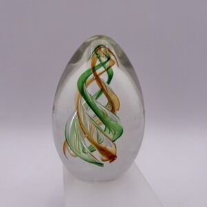 Art Blown Glass Oblong Egg Shaped Paperweight Green Orange‎ Swirl Heavy 6"
